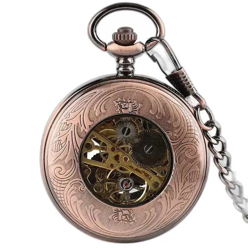 Orologio da tasca meccanico in rame stile Steampunk con ingranaggi in bronzo a vista