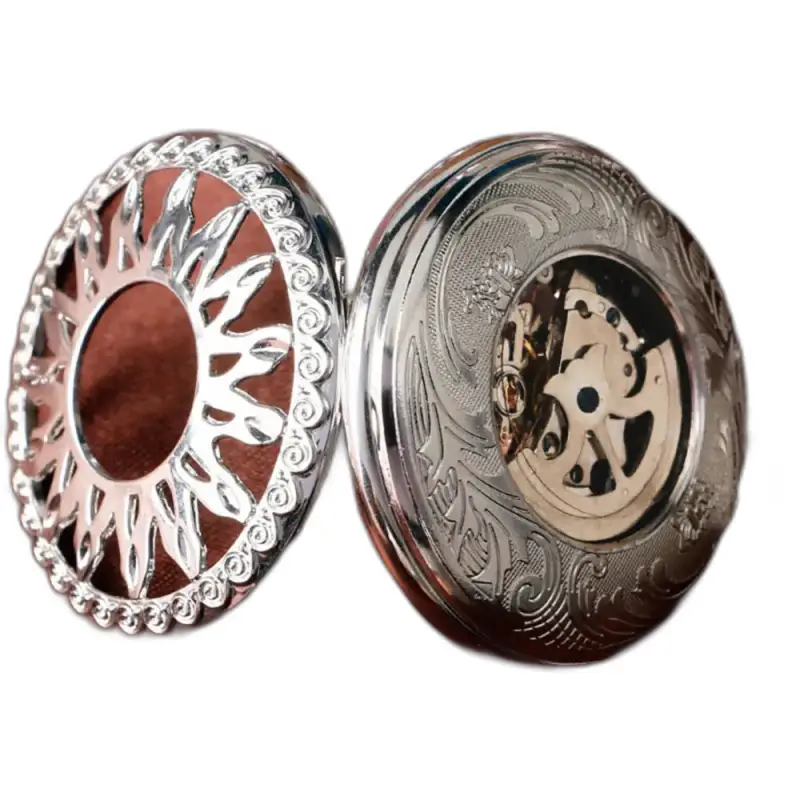 Orologio da tasca in argento con meccanismo a vista, modello Dark Sun da uomo e da donna