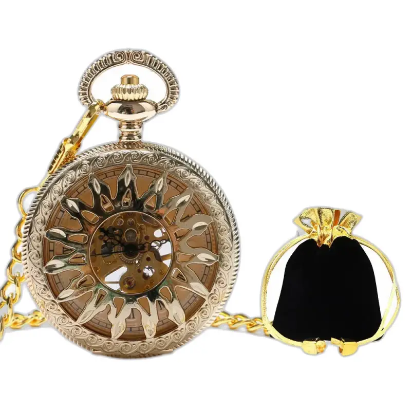 Orologio da tasca meccanico Dark Sun in oro con catena ed elegante custodia