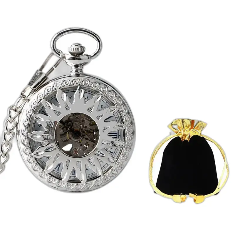 Orologio da tasca meccanico Dark Sun con taschino in pelle, elegante e raffinato