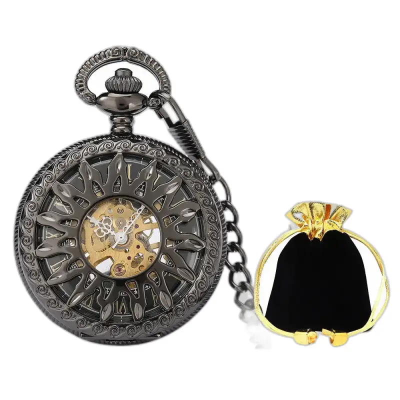 Orologio da tasca meccanico Dark Sun per uomo e donna con custodia in pelle nera