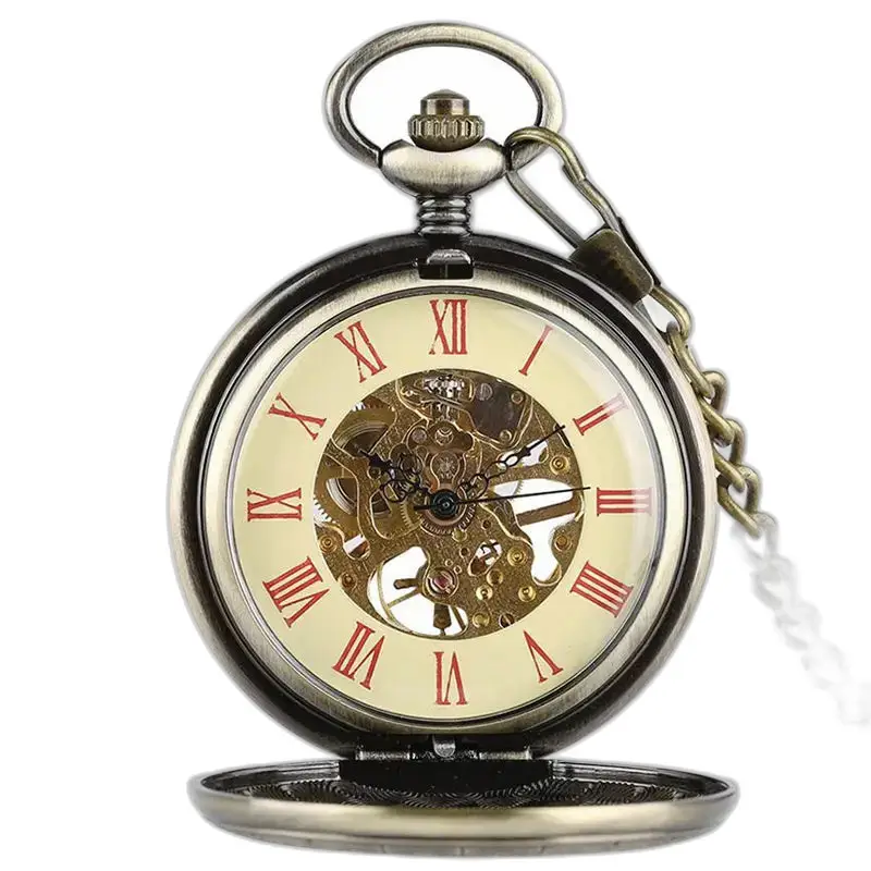 Orologio da tasca meccanico demi-hunter da uomo con ingranaggi a vista e design antico