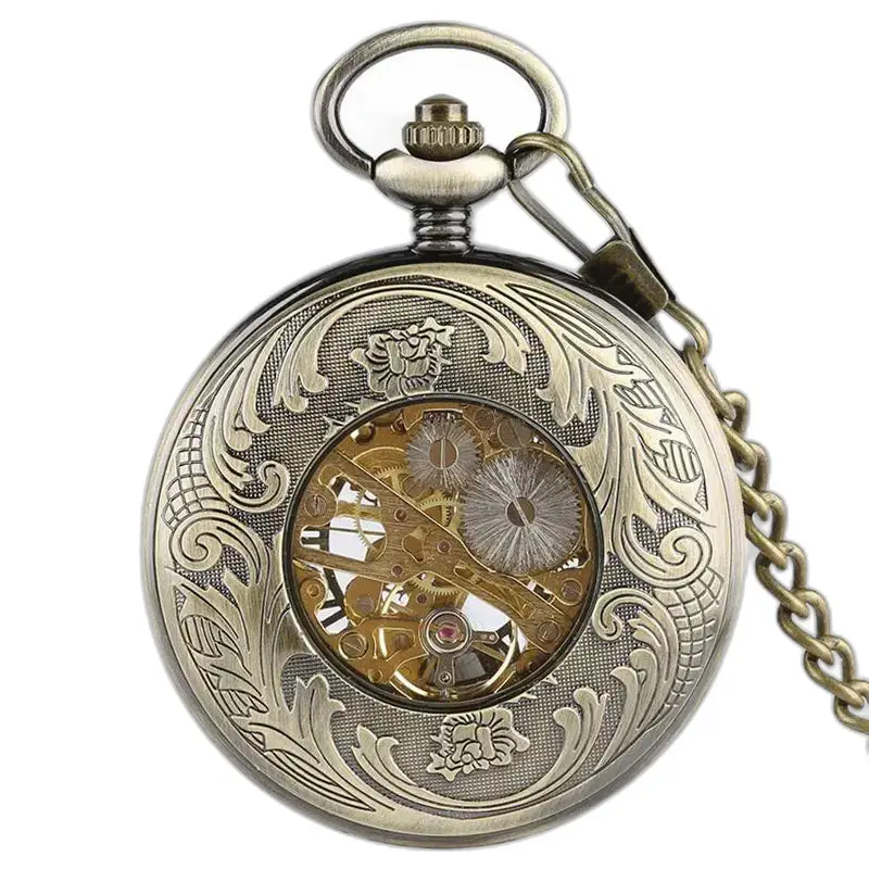 Orologio da tasca meccanico da uomo Demi Chasseur con ingranaggi a vista e design antico