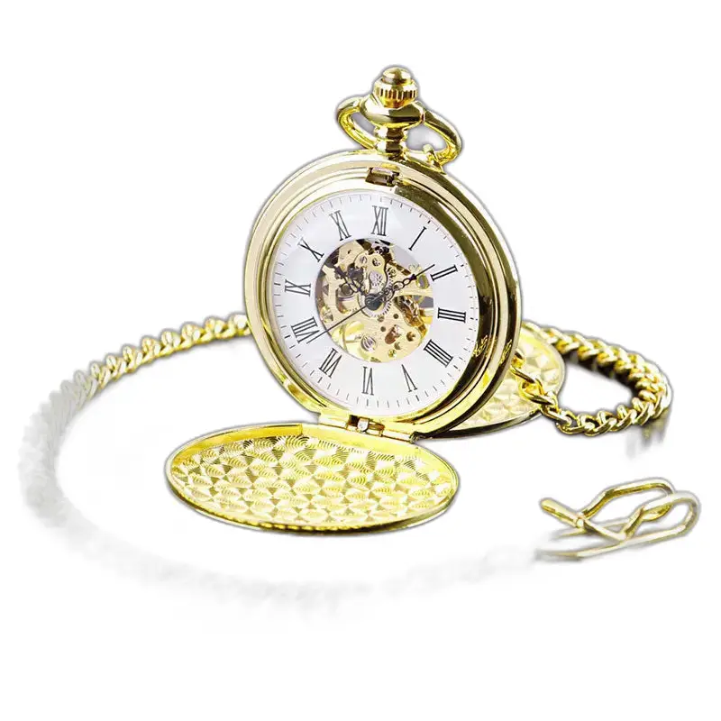 Orologio da tasca meccanico doppio cacciatore da uomo color oro con catena elegante
