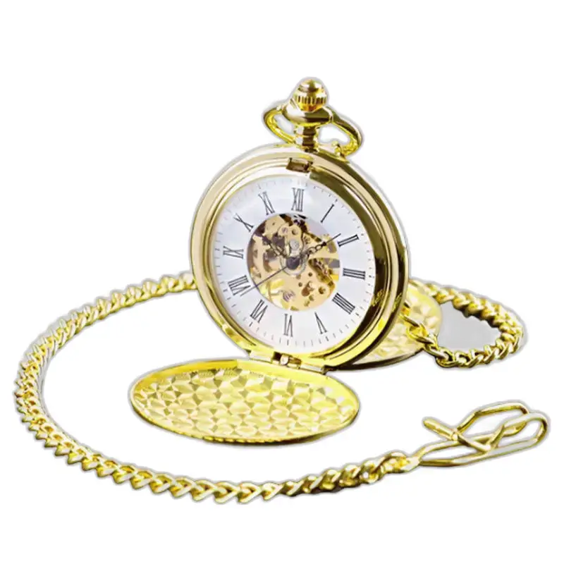 Orologio da tasca meccanico doppio cacciatore in oro da uomo con catena elegante