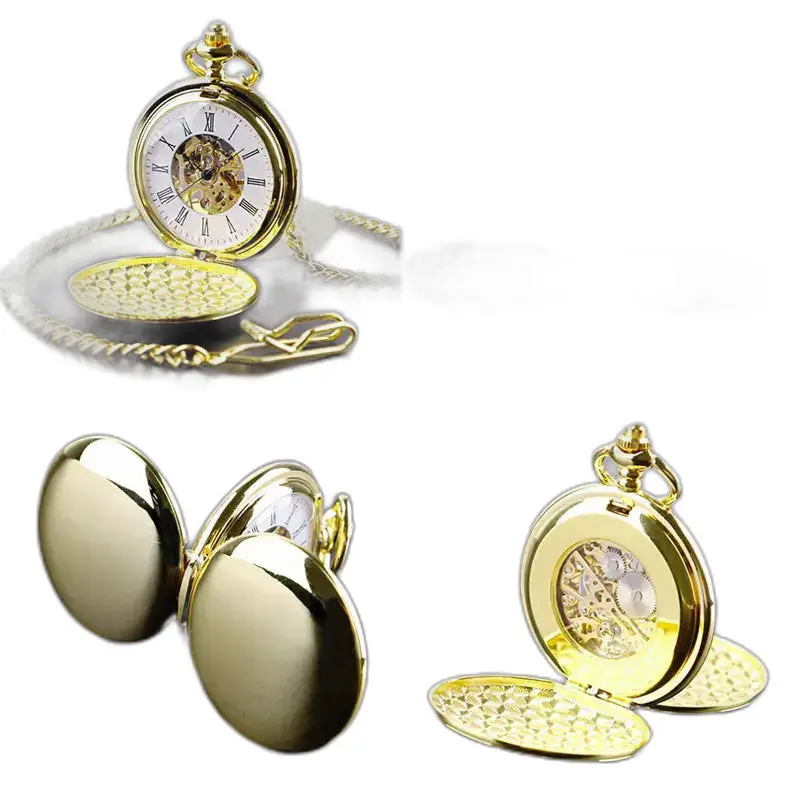 Chasseur Orologio da tasca meccanico doppio da uomo in oro, elegante e raffinato