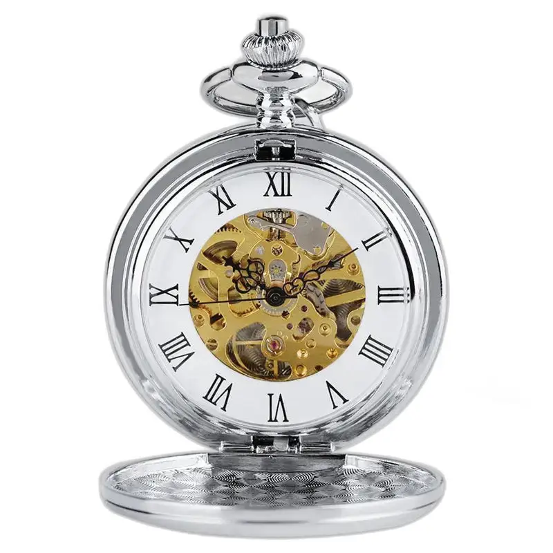 Orologio da tasca meccanico in argento con doppio lembo e meccanismo in argento a vista