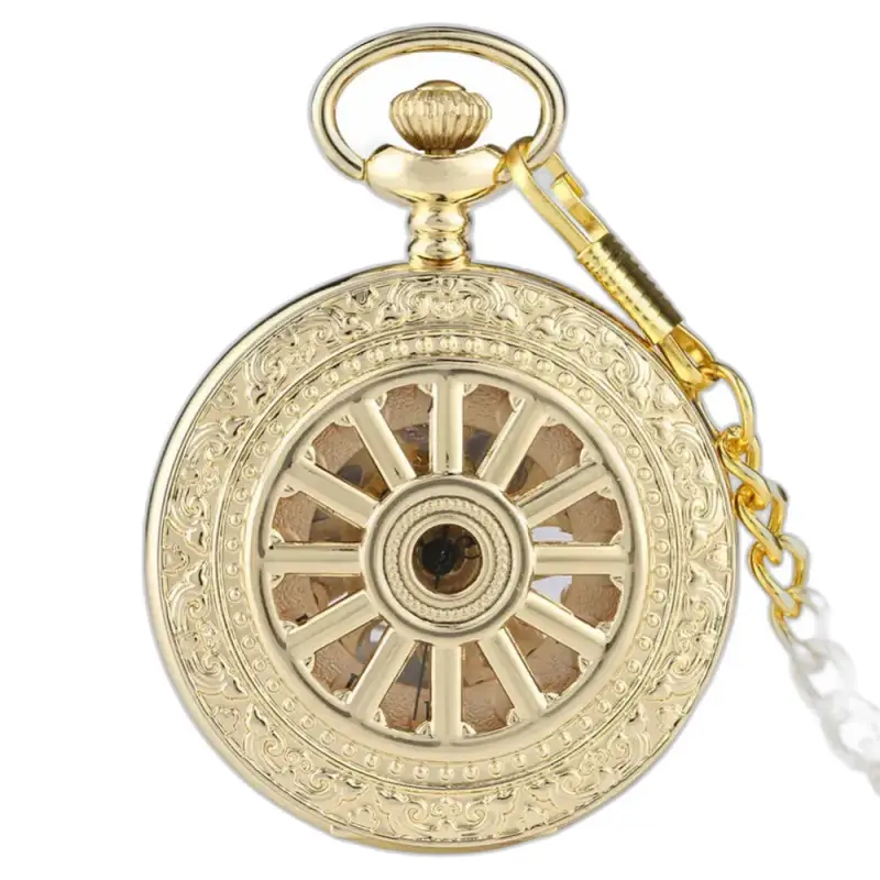 Orologio da tasca meccanico scheletrato dorato con catena in metallo dorato