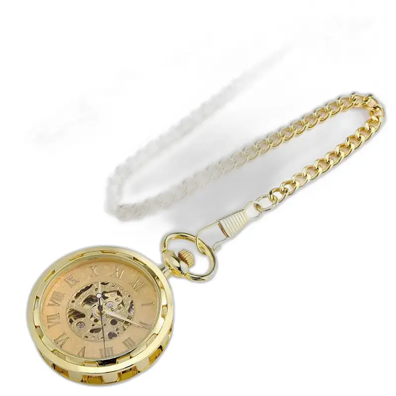 Orologio da tasca meccanico scheletro dorato chic con catena d'oro