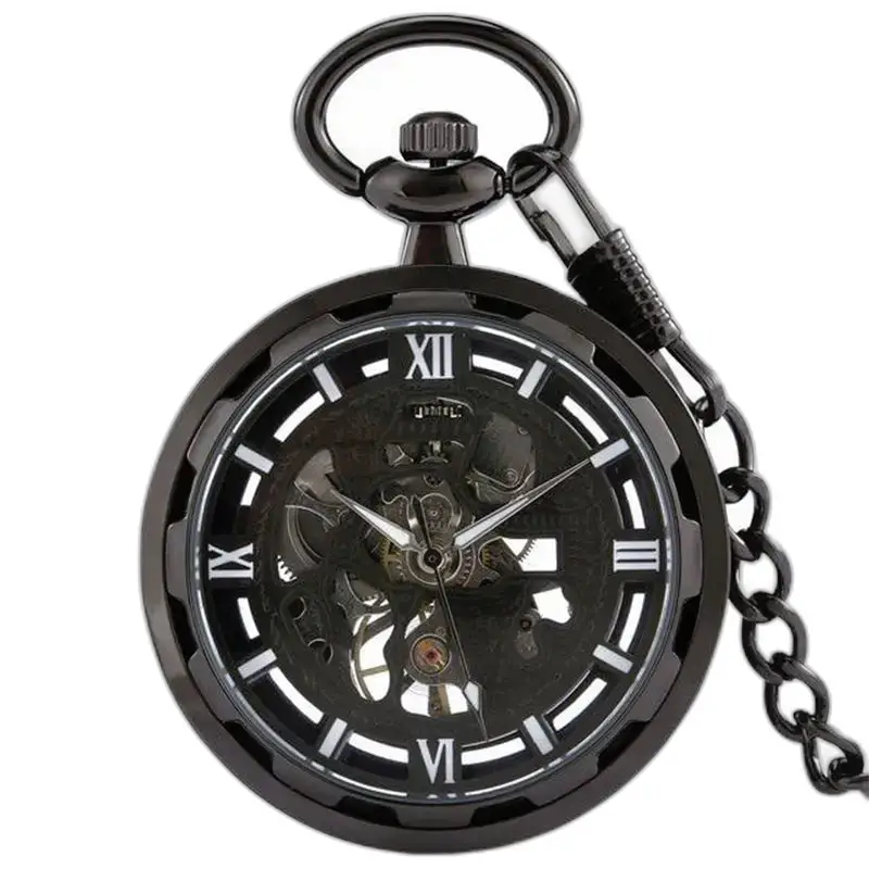 Orologio da tasca meccanico scheletro dorato chic con cassa nera e dettaglio scheletro