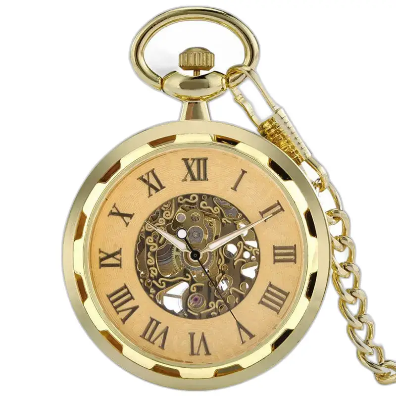 Orologio da tasca meccanico scheletrato dorato con numeri romani e finitura dorata