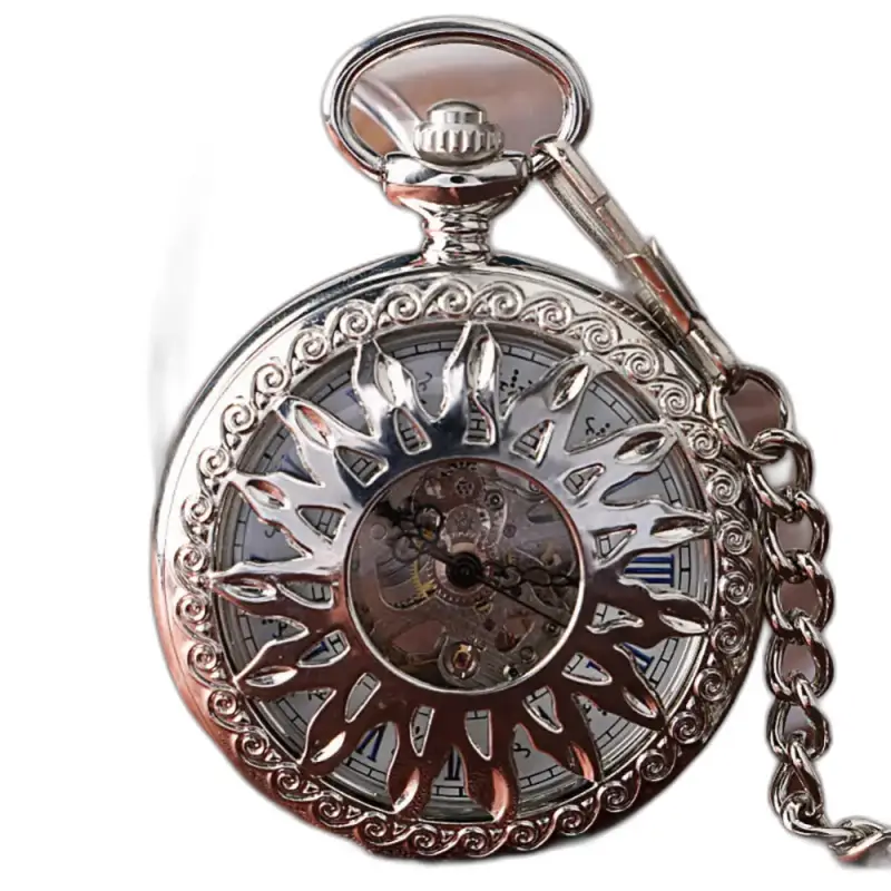 Orologio da tasca meccanico Golden Sun Black, orologio da tasca meccanico con catena in argento