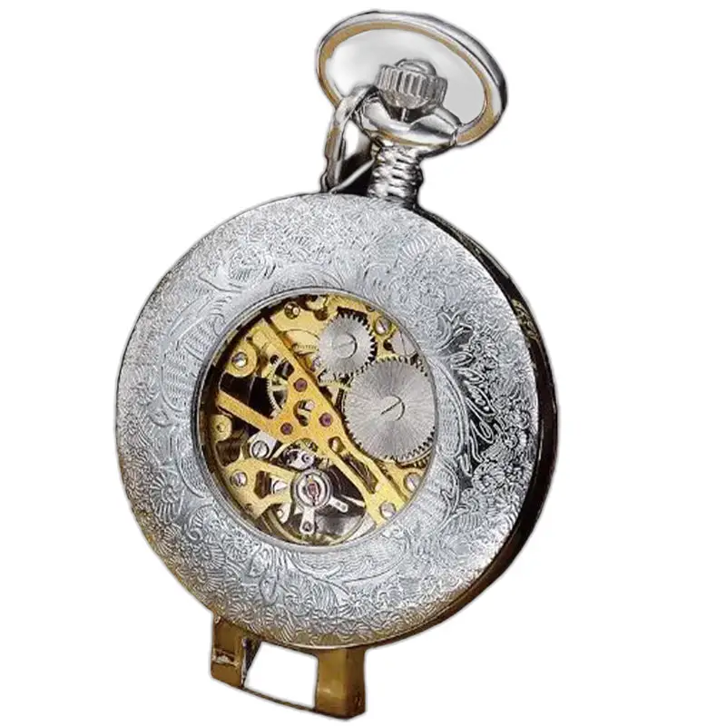 Orologio da tasca in argento con incisione floreale e cuore scheletrato a vista