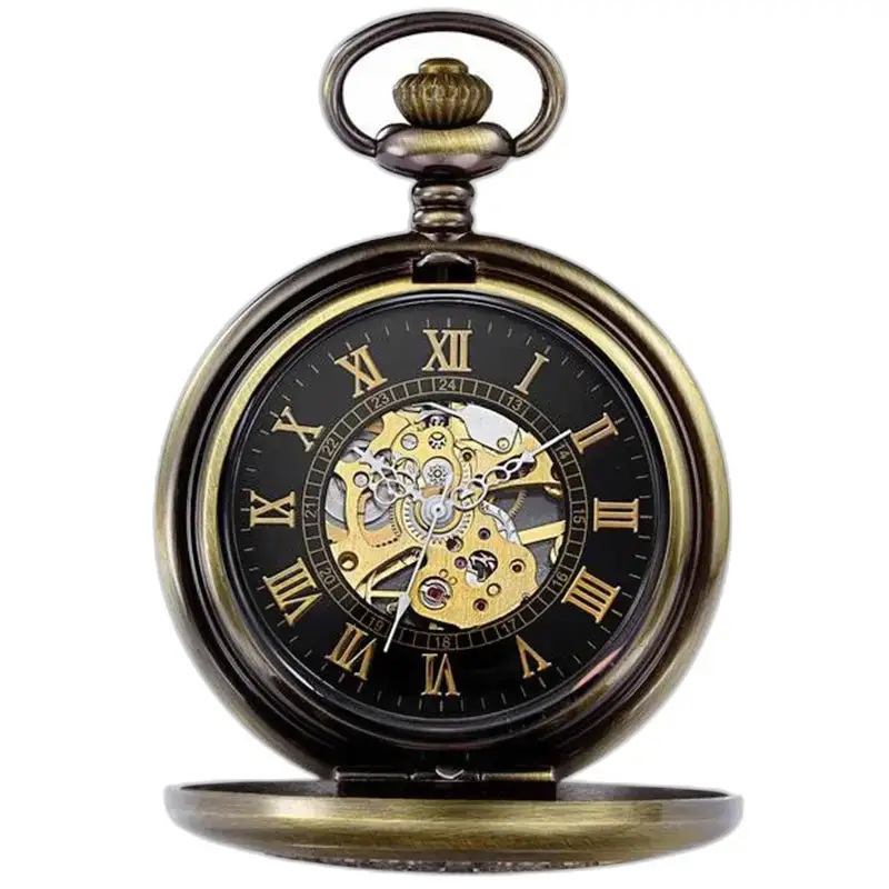Elegante orologio da tasca meccanico da uomo con cuore scheletrato e ingranaggi visibili