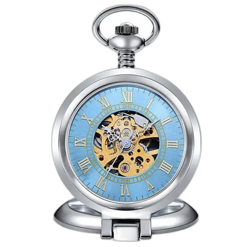 Elegante orologio da tasca meccanico da uomo con quadrante blu ed elegante cuore scheletrato