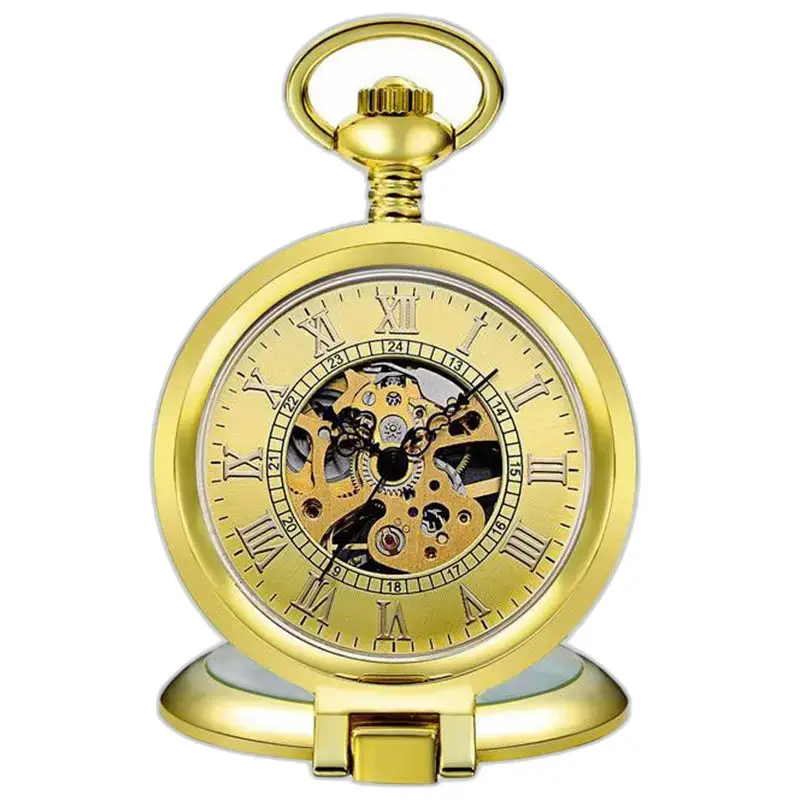 Elegante orologio da tasca meccanico da uomo con cuore scheletrato in colore oro