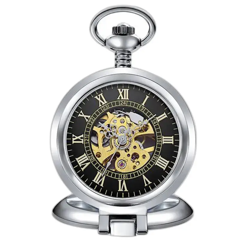 Elegante orologio da tasca meccanico da uomo con cuore scheletrato e cassa in argento