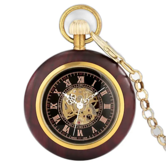 Orologio da tasca di lusso in legno con catena e vetro minerale, stile Kinetic Woodcraft