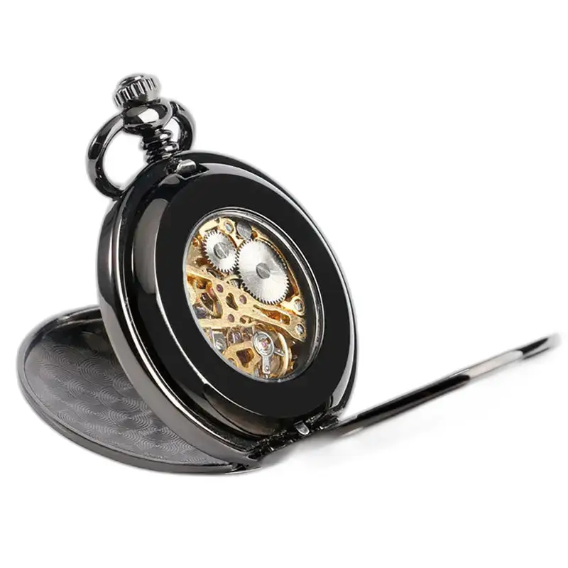 Orologio da tasca meccanico di lusso nero liscio dal design elegante e vintage