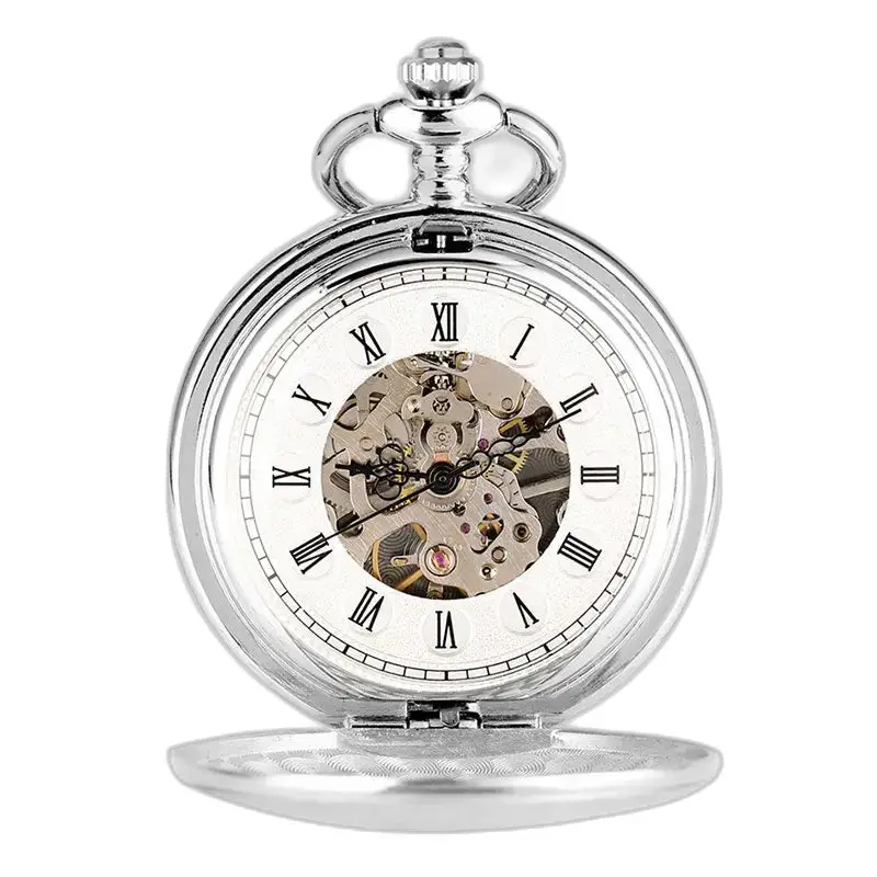 Orologio da tasca meccanico nero liscio con ingranaggi argentati a vista