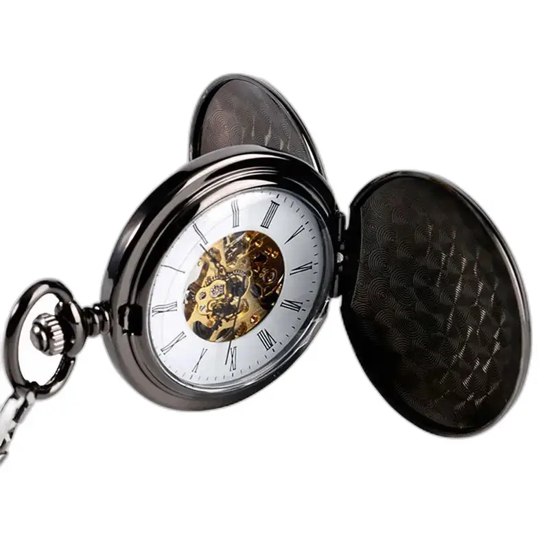 Orologio da tasca meccanico di lusso nero liscio con coperchio aperto e finitura elegante
