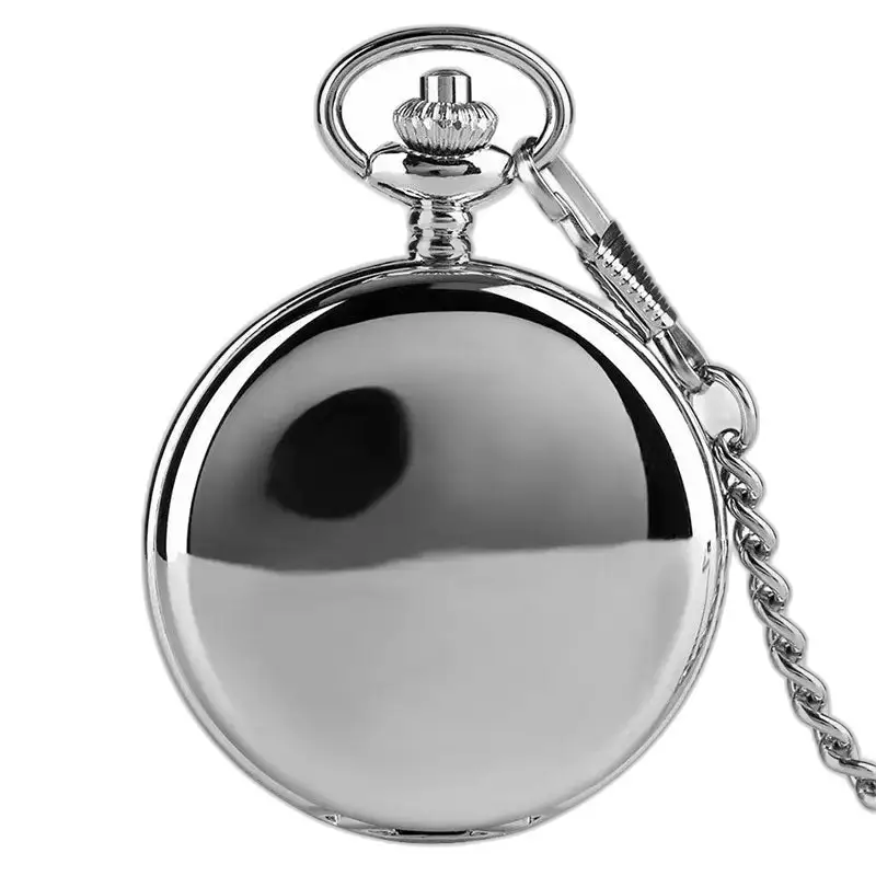Orologio da tasca meccanico liscio nero con catena in argento lucido