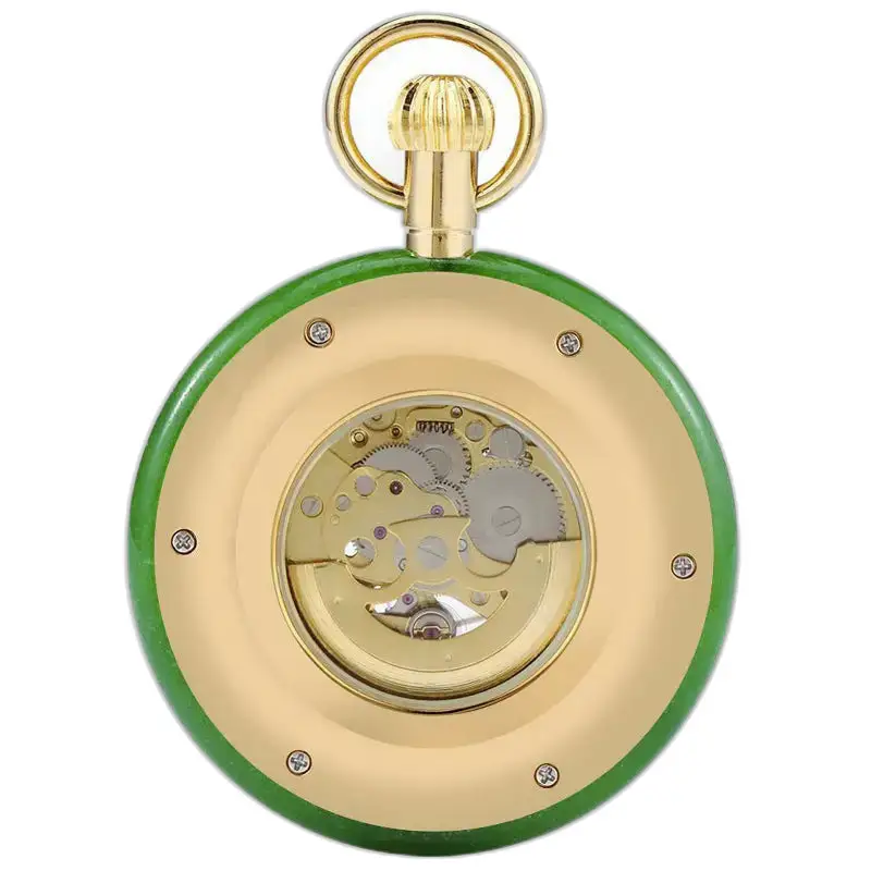 Orologio da tasca meccanico da uomo di lusso chic con ingranaggi a vista in verde e oro