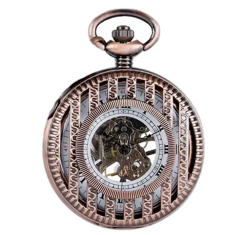 Orologio da tasca meccanico di lusso in rame dal design unico e cuore scheletrato