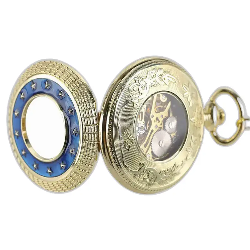 Orologio da tasca meccanico di lusso in oro con movimento meccanico e ingranaggi a vista