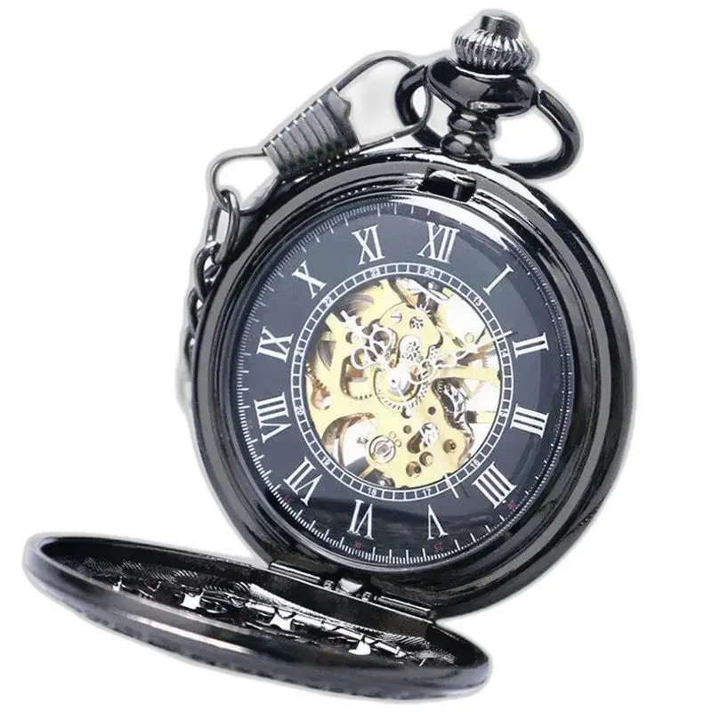 Orologio da tasca meccanico a carica automatica di lusso Steampunk nero con movimento meccanico