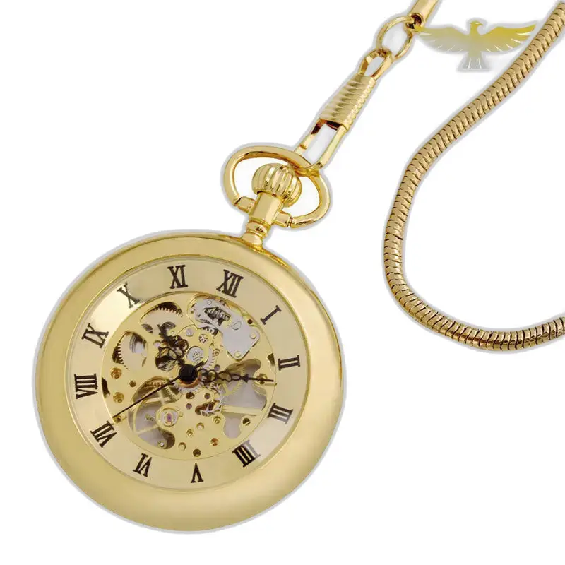 Moderno orologio da tasca meccanico in oro con catena e carica manuale