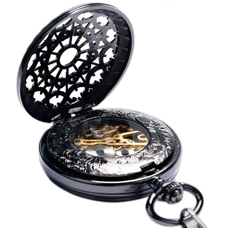 Elegante orologio da tasca meccanico nero con meccanismo a vista e design elegante