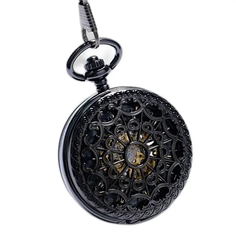 Elegante orologio da tasca meccanico nero con un elegante design in filigrana nera