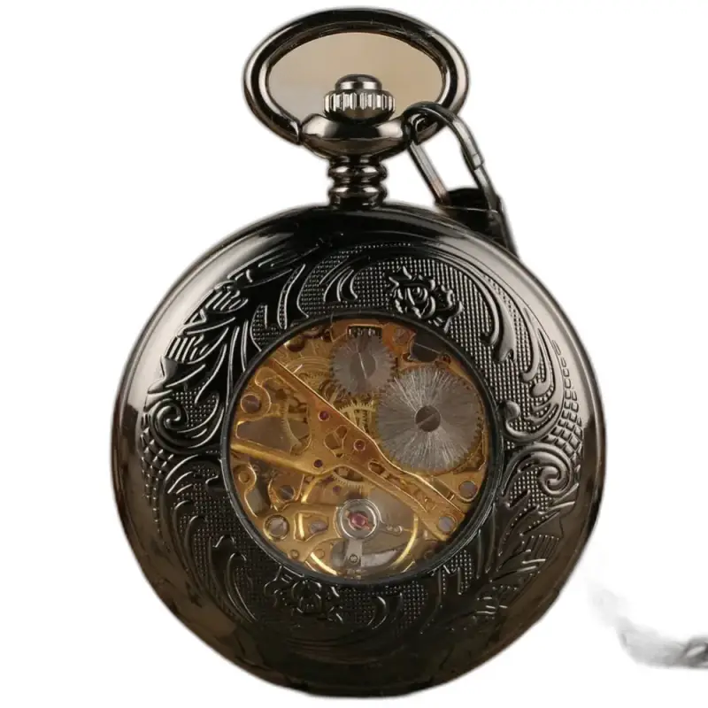 Orologio da tasca meccanico nero per uomo, tasca meccanica nera elegante e vintage