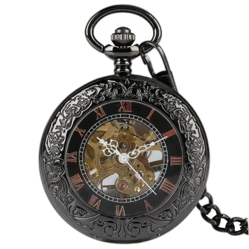 Orologio da tasca meccanico nero da uomo dal design elegante e vintage