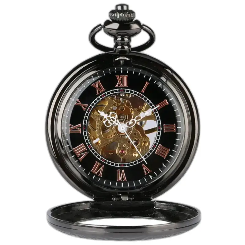 Orologio da tasca meccanico nero per uomo con meccanismo a vista e stile elegante