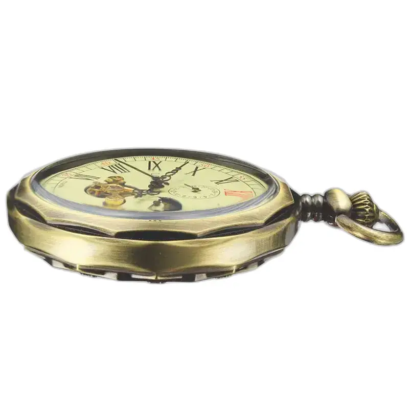 Lussuoso orologio da tasca meccanico con fasi lunari in elegante bronzo antico