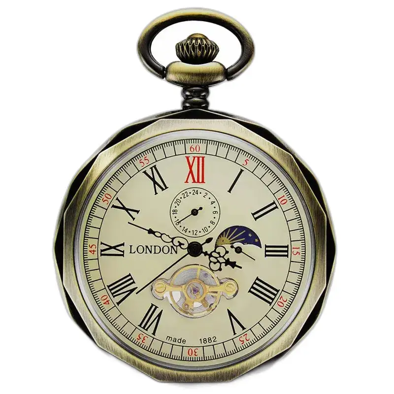 Orologio da tasca meccanico di lusso con fasi lunari con eleganti numeri romani