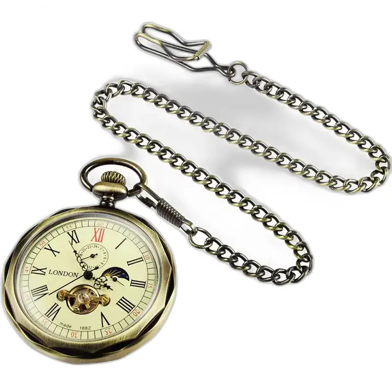 Orologio da tasca meccanico di lusso con fasi lunari con catena vecchio stile
