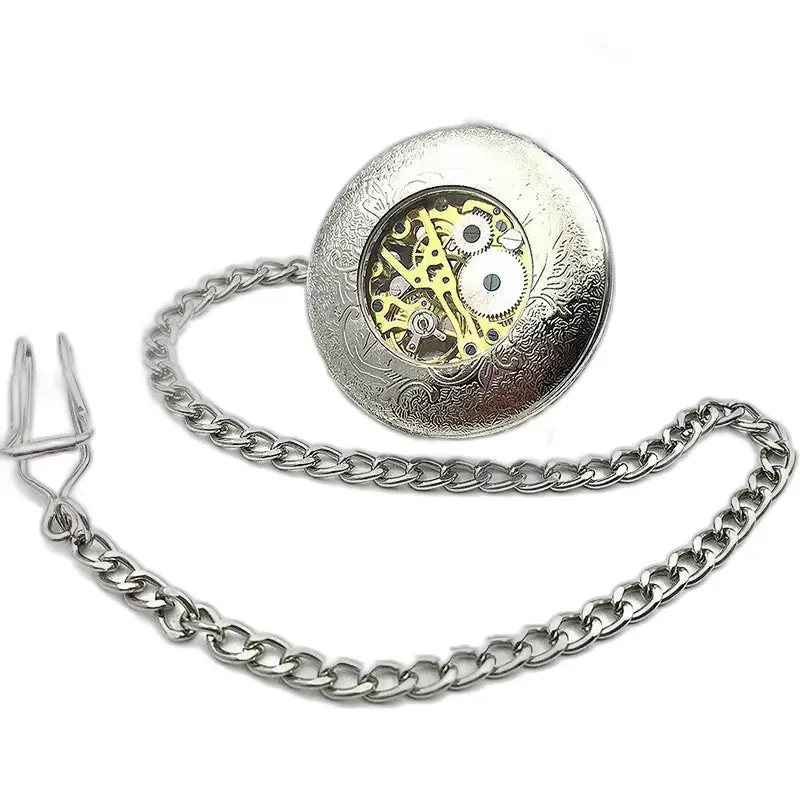 Orologio da tasca meccanico Silver Flower Chic con ingranaggi e catena a vista