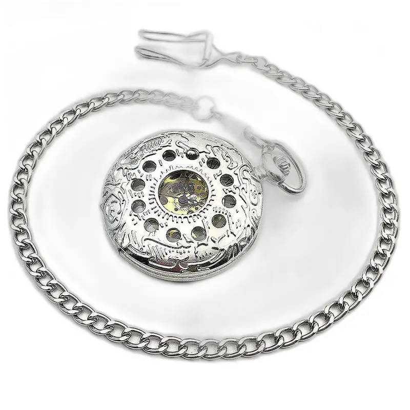 Orologio da tasca meccanico Silver Flower Chic con elegante catena in argento