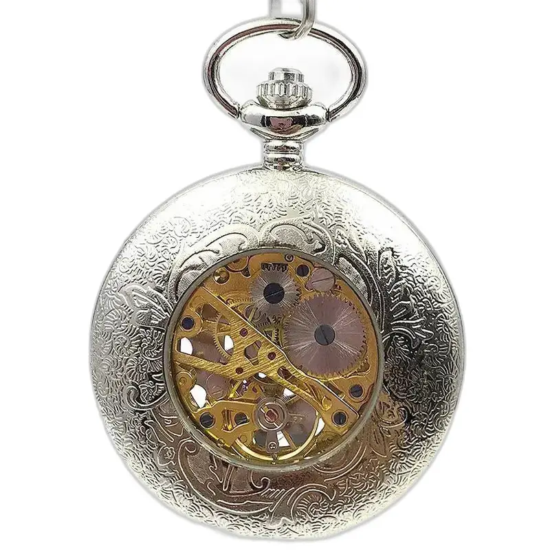 Orologio da tasca meccanico Silver Flower Chic con meccanismo in argento a vista