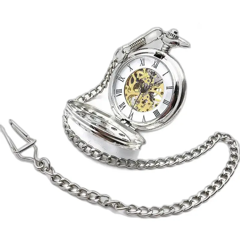 Elegante orologio da tasca meccanico a fiore argentato con elegante catena argentata