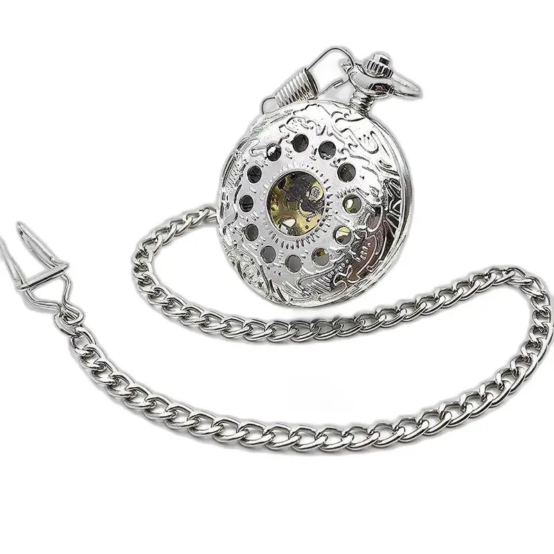Orologio da tasca meccanico Silver Flower Chic con elegante catena in argento