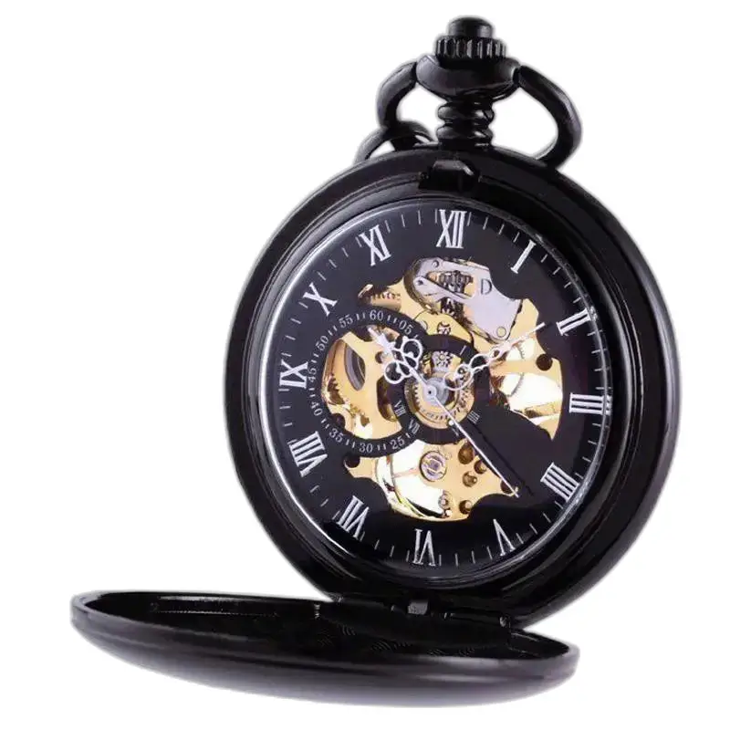 Orologio da tasca meccanico scheletrato di lusso dal design nero elegante e sofisticato