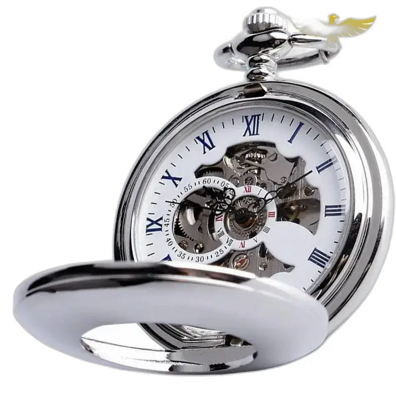Orologio da tasca meccanico scheletrato di lusso in argento con meccanismo a vista