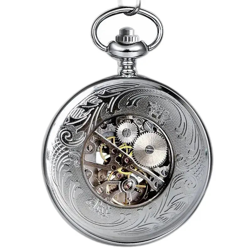 Lussuoso orologio da tasca meccanico scheletrato in argento con meccanismo a vista