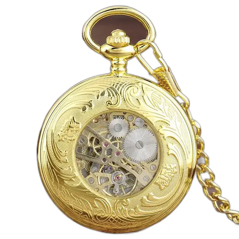 Orologio da tasca meccanico in vetro trasparente con movimento meccanico dorato