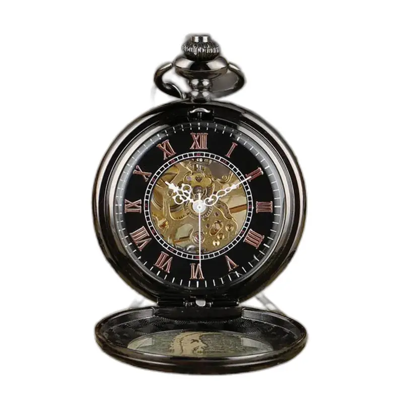 Orologio da tasca meccanico in vetro trasparente con movimento meccanico nero