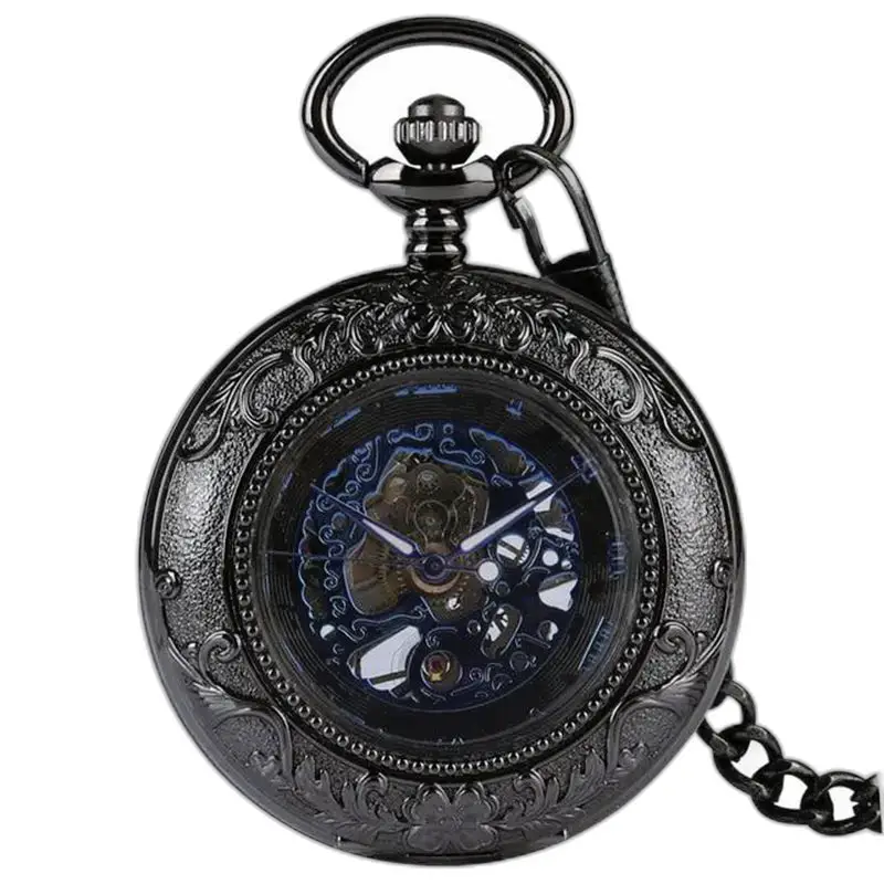 Orologio da tasca meccanico in vetro trasparente con elegante movimento meccanico nero